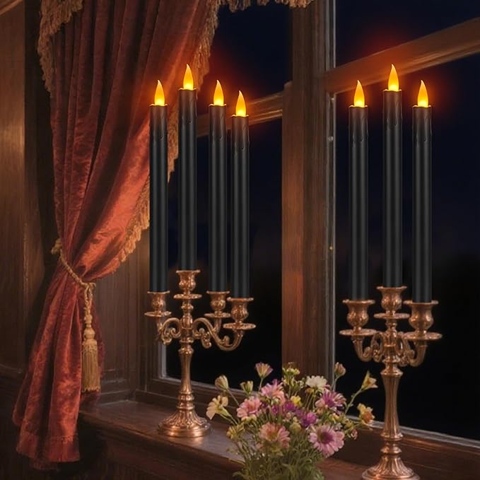 10" Flameless Taper Candles with Remote, 12 Pcs Black Electric Led candlesticks, Plastic Tall Taper Candles Battery Operated with Flickering Flame for Halloween Christmas Wedding Home Décor