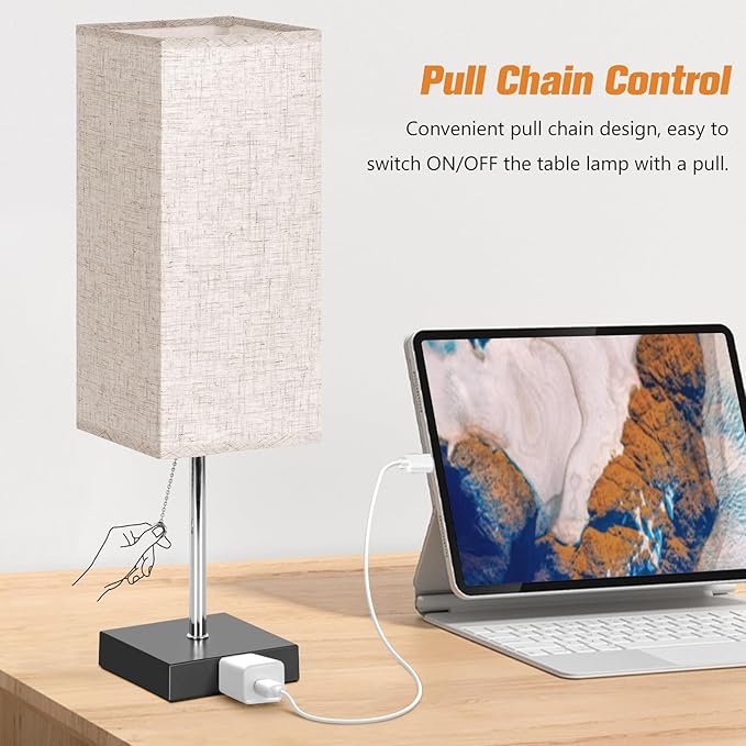 Table Lamp for Bedroom Set of 2, Bedside Lamps with 3 Color Temperatures Night Light, Lamp for Night Stands with AC Outlet and Square Shade, Pull Chain Small Desk Lamp for Living Room Home Decor