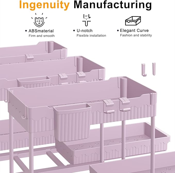 3 Pack Under Sink Organizers, 2-Tier Multi-Use Kitchen and Bathroom Organizers and Storage with Sliding Drawers,Bathroom Cabinet Organizer (Pink, 12.8 Inch)