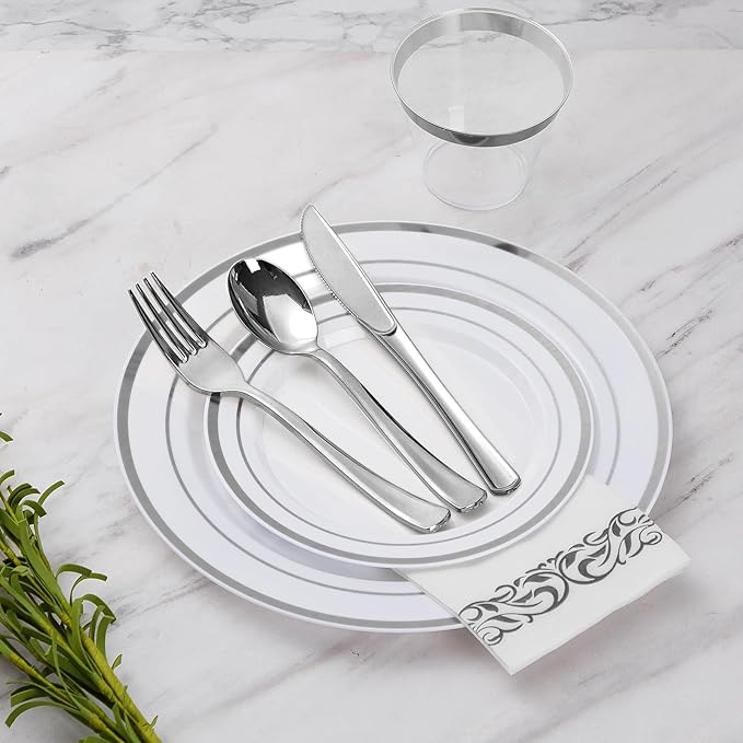 Goodluck 175 Piece Silver Dinnerware Set for 25 Guests, Plastic Disposable Plates for Party, Includes Dinner and Dessert Plates, Paper Napkins, Cups, Silverware Set