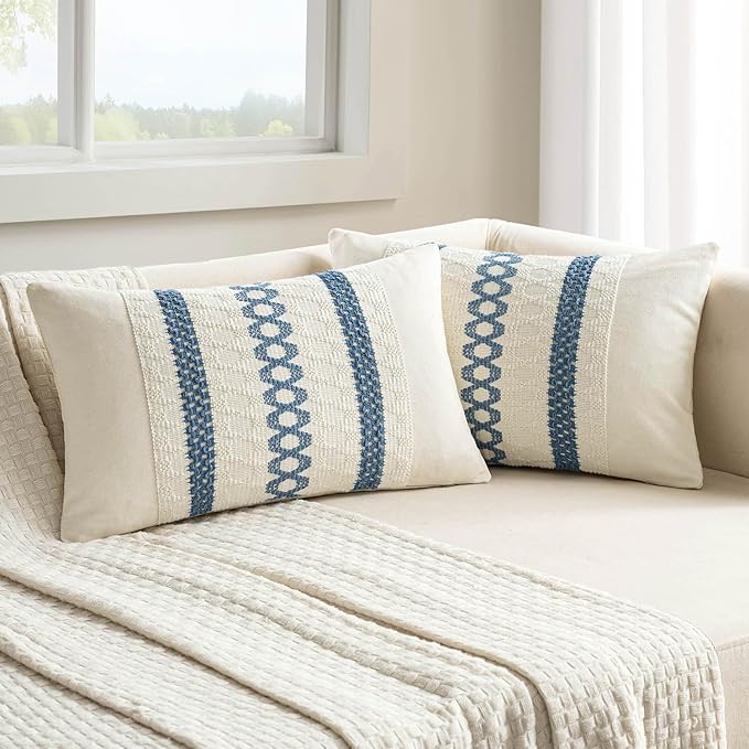 MIULEE Set of 2 Coastal Blue Boho Decorative Lumbar Pillow Covers 12x20 Inch Farmhouse Rustic Couch Throw Pillows Modern Summer Cushion Covers Retro Cute Macrame Woven Home Decor for Bed Sofa Chair