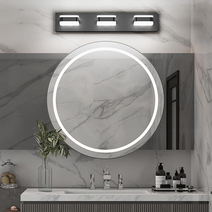 Tipace LED Modern Bathroom Vanity Light Fixtures (3-Light, 23.6-Inch), Acrylic Black Bathroom Wall Lighting Fixtures Over Mirror (Cool White 5500K) with Rotatable Vanity Lights Heads
