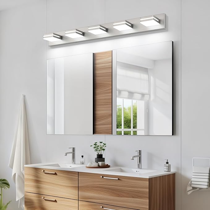 SineRise LED Modern Bathroom Vanity Light Fixtures (5-Light, 40-Inch, Dimmable), Brushed Nickel Modern Acrylic Bathroom Wall Lighting Fixtures Over Mirror (Cool White 6000K)