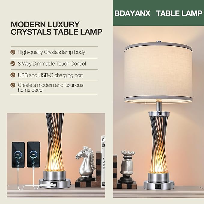 3-Way Dimmable Table Lamp Set of 2,Touch Control Lamp with Night Light,Modern Blue Crystal Table Lamps for Bedroom,Living Room,Bedside Lamps with USB A+C Ports,Fabric Lampshade(Blubs Included)