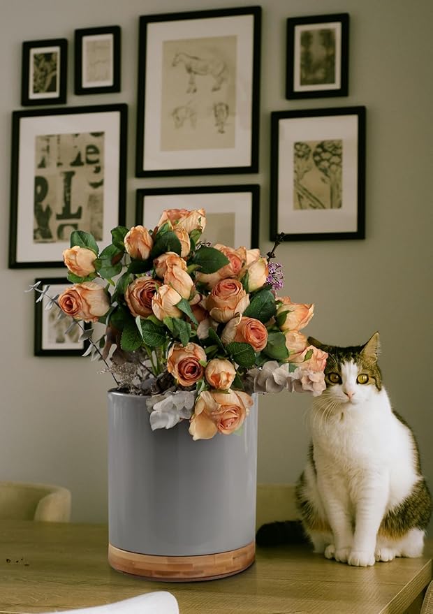 Nucookery 360° Rotating Utensil Holder, 7.2" Large Utensil Crock, White Ceramic Cooking Utensil Organizer with Countertop-Protection Cork Bottom for Farmhouse Kitchen Decor Gift (Gray)