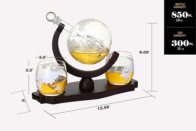 Whiskey Globe Decanter Set with 2 Etched Globe Glasses in Gift Box - Home Bar Accessories for Liquor, Whiskey, Brandy, Gin, Rum, Tequila, Vodka, and Brandy