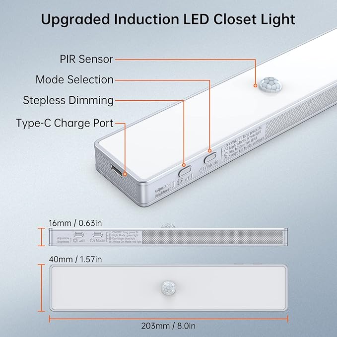 LED Closet Light, 30LEDs Dimmer USB Rechargeable Motion Sensor Light Under Cabinet Lighting with Remote Control, Wireless Stick-Anywhere Night Safe Light Bar for Wardrobe,Kitchen-2 Pcs, Warm