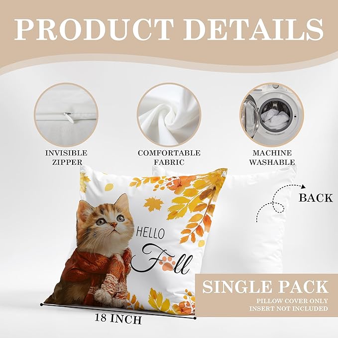 Fall Cat Pillow Covers 18x18, Cat Home Room Decor, Fall Autumn Maple Leaves Cute Kitty Kitten Decorative Throw Pillow Covers for Home Bedroom Living Room