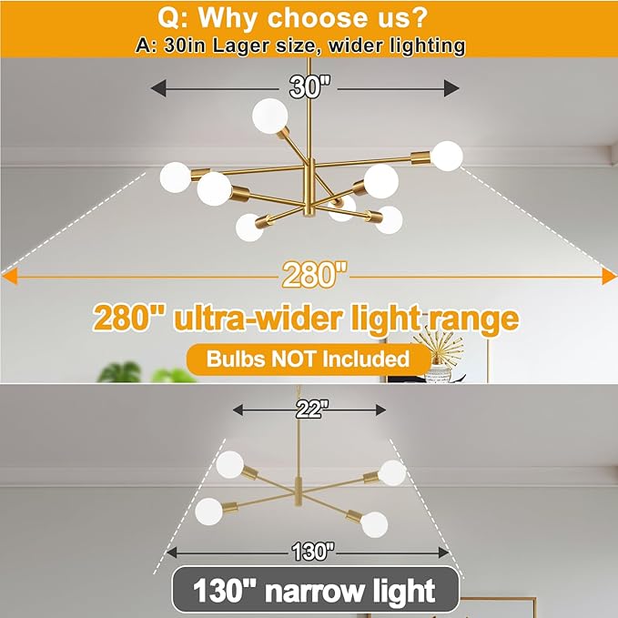 30" Modern Chandelier Ceiling Light Fixture, 8-Light Sputnik Chandeliers Gold Mid Century Chandelier Over Table, Height Adjustable Chandeliers for Dining Room Kitchen Island (Bulbs Not Included)