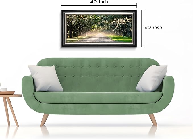 Oak Tree Canvas Wall Art: Framed Green Forest Path Painting Nature Park Landscape Artwork for Living Room