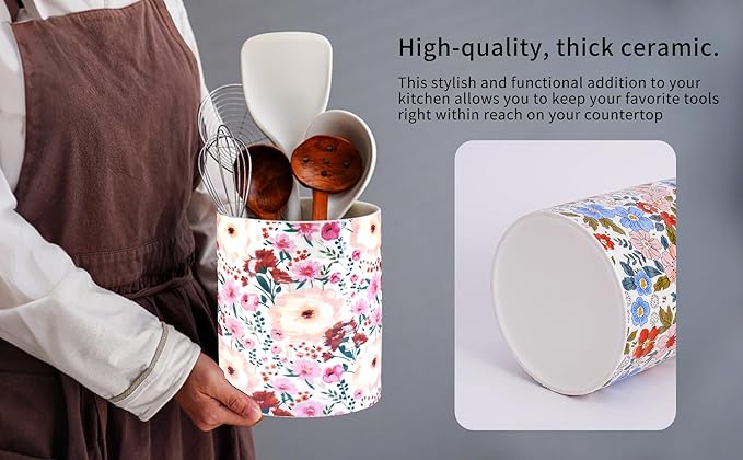 Kitchen Utensil Holder,7.2″Extra Large Stable Pattern Ceramic Utensil Crock,Utensil Organizer for Countertop,Kitchen Decor,Utensil Holder for Housewarming,Wedding Gift (Pink White)