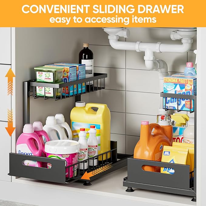 Under Sink Organizer Storage 2-Tier Premium Metal Pull-Out Racks, Height Adjustable, Easy Installation | Kitchen & Bathroom Organizers Pack of 1
