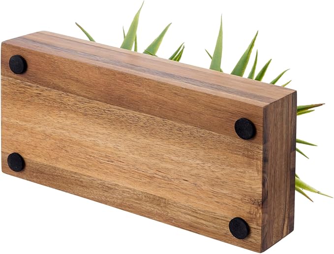 MyGift 10 Inch Artificial Green Grass Plants in Deluxe Acacia Solid Wood Decorative Planter Pot, Faux Greenery in Rectangular Wooden Container