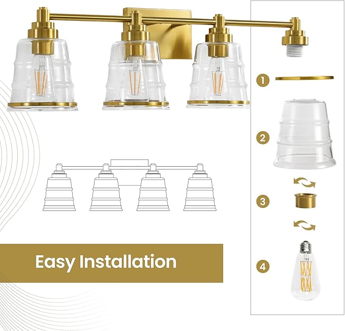 Gold Bathroom Vanity Light Fixture, 4 Light Bathroom Light Fixtures Over Mirror with Clear Glass Shade and Metal Base Wall Sconce, 29.1inch Modern Vanity Light for Bathroom(Exclude E26 Bulb)