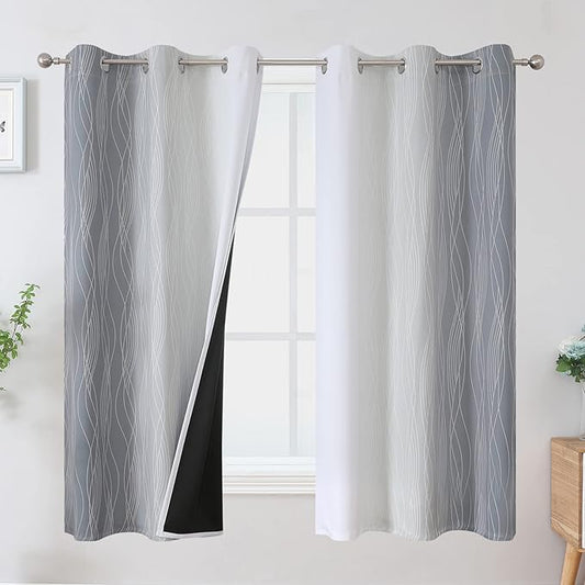 Estelar Textiler Full Room Darkening Greyish White and Grey Blackout Curtains 63 Inch Length 2 Panels Set, Ombre Thermal Insulated Full Light Blocking Grommet Gray Blackout Drapes for Bedroom, 42Wx63L