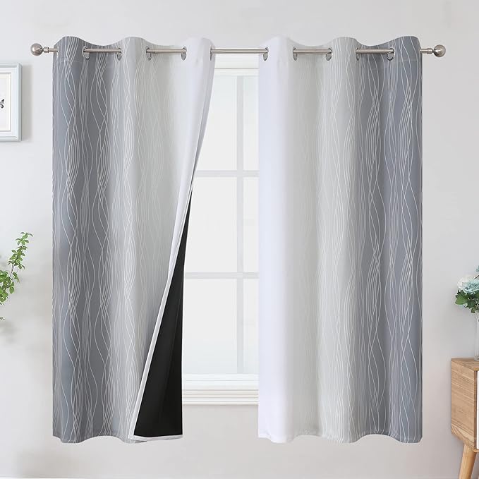Estelar Textiler Full Room Darkening Greyish White and Grey Blackout Curtains 63 Inch Length 2 Panels Set, Ombre Thermal Insulated Full Light Blocking Grommet Gray Blackout Drapes for Bedroom, 42Wx63L