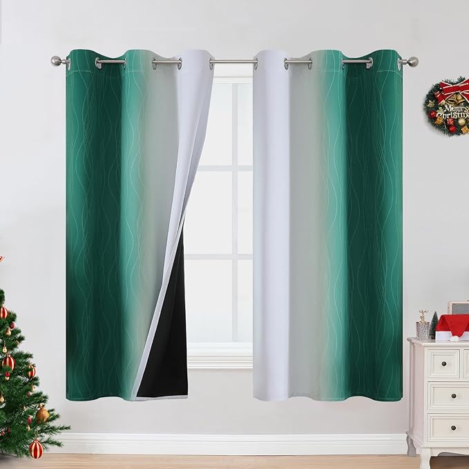 Estelar Textiler Ombre Greyish White and Green Blackout Curtains & Drapes for Bedroom, Thermal Insulated Full Light Blocking Grommet Blackout Spring Drapes for Kids Room, 42Wx63L, 2 Panels