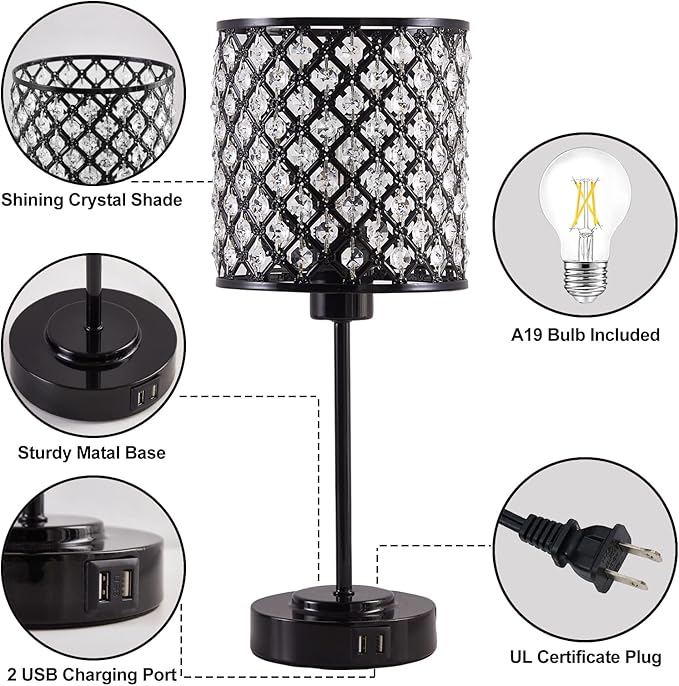 Crystal Touch Control Table Lamp with 2 USB Charging Ports, 3-Way Dimmable Black Crystal Table Bedside Lamp Nightstand Desk Light for Bedroom, Girls Guest Room, Living Room, Bulbs Included
