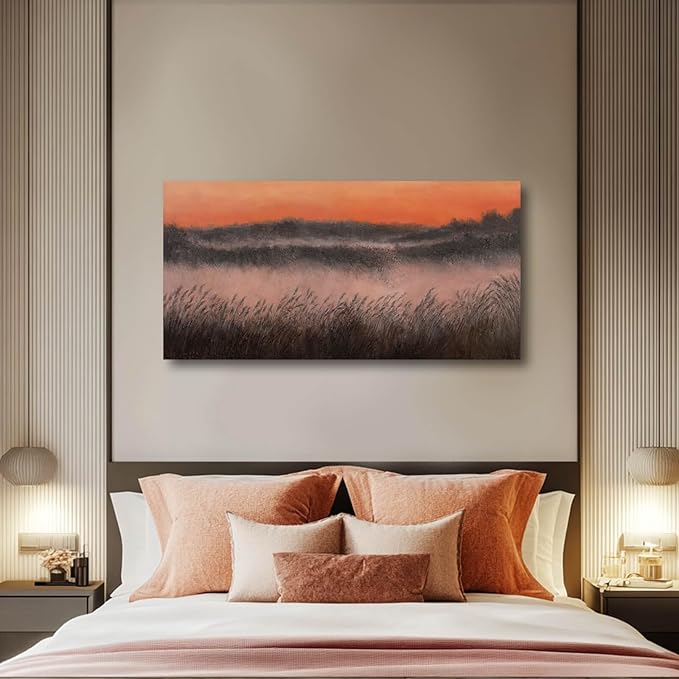 Plants Wall Art Golden Sunset Artwork Hillside Meadow Framed Wall Prints for Office Living Room Wall Decorations 24x48 Inch Hanging Wall Decor