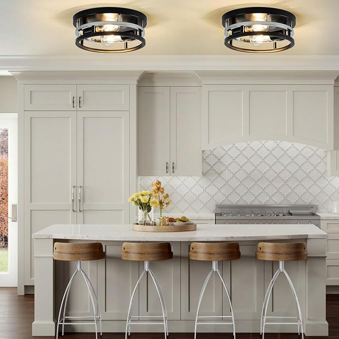 2 Light Industrial Ceiling Light Black Chrome Semi Flush Mount Lights Close to Ceiling Light Fixtures,cage design Farmhouse Ceiling Lighting for Kitchen Bedroom Bathroom Foyer Hallway (E26, 1Pack)