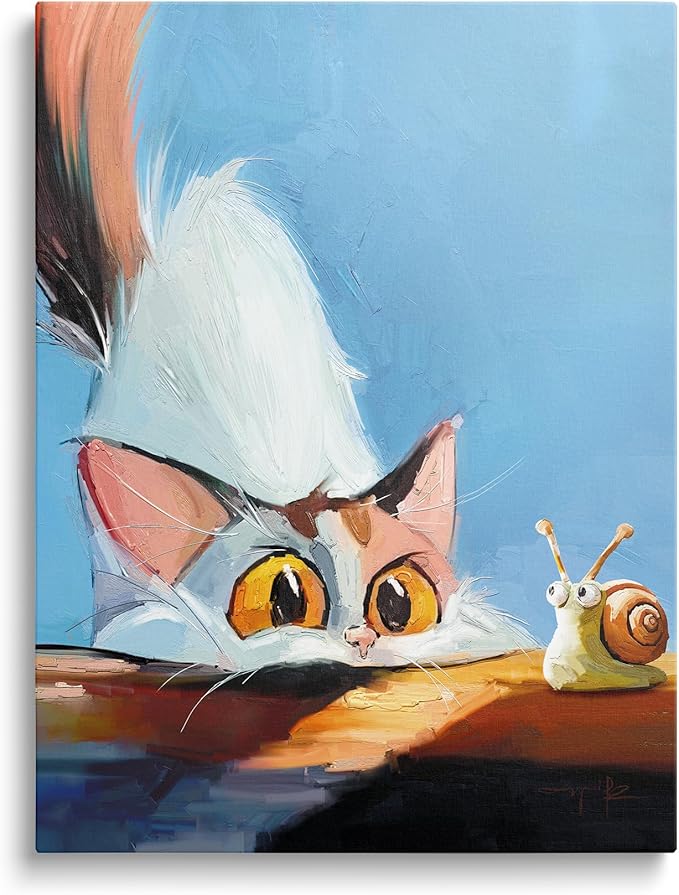 TimAsh Framed Funny Cat Wall Art Cat Staring at Snail Canvas Wall Decor Cartoon Cute Kitten Poster Painting Prints for Bedroom Bathroom Living Room 24'' x 16''
