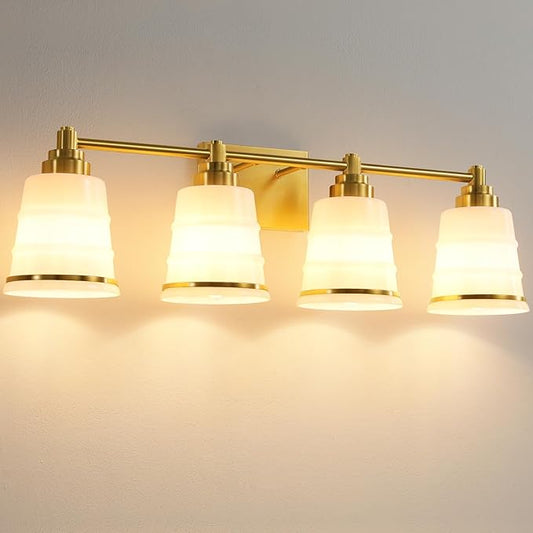 Gold Bathroom Vanity Light Fixture, 4 Light Bathroom Light Fixtures Over Mirror with Milky White Glass and Metal Base Wall Sconce, 29.1 inch Modern Vanity Light for Bathroom(Exclude E26 Bulb)