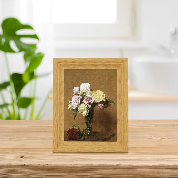 Brivoria Framed Canvas Wall Art Vintage Decor, Rustic Autumn Floral Still Life with Colorful Roses in Fluted Vase and Warm Tones for Bedroom Entryway Kitchen Bookshelf or Bathroom Fall Display, 8"x10"