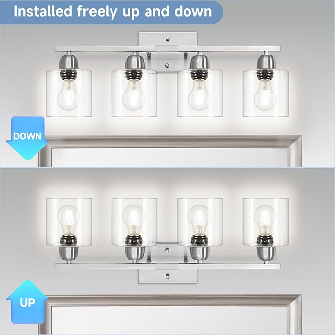 Brushed Nickel Vanity Lights for Bathroom, 4 Light Bathroom Vanity Light Over Mirror, Wall Lights with Clear Glass, E26 Socket