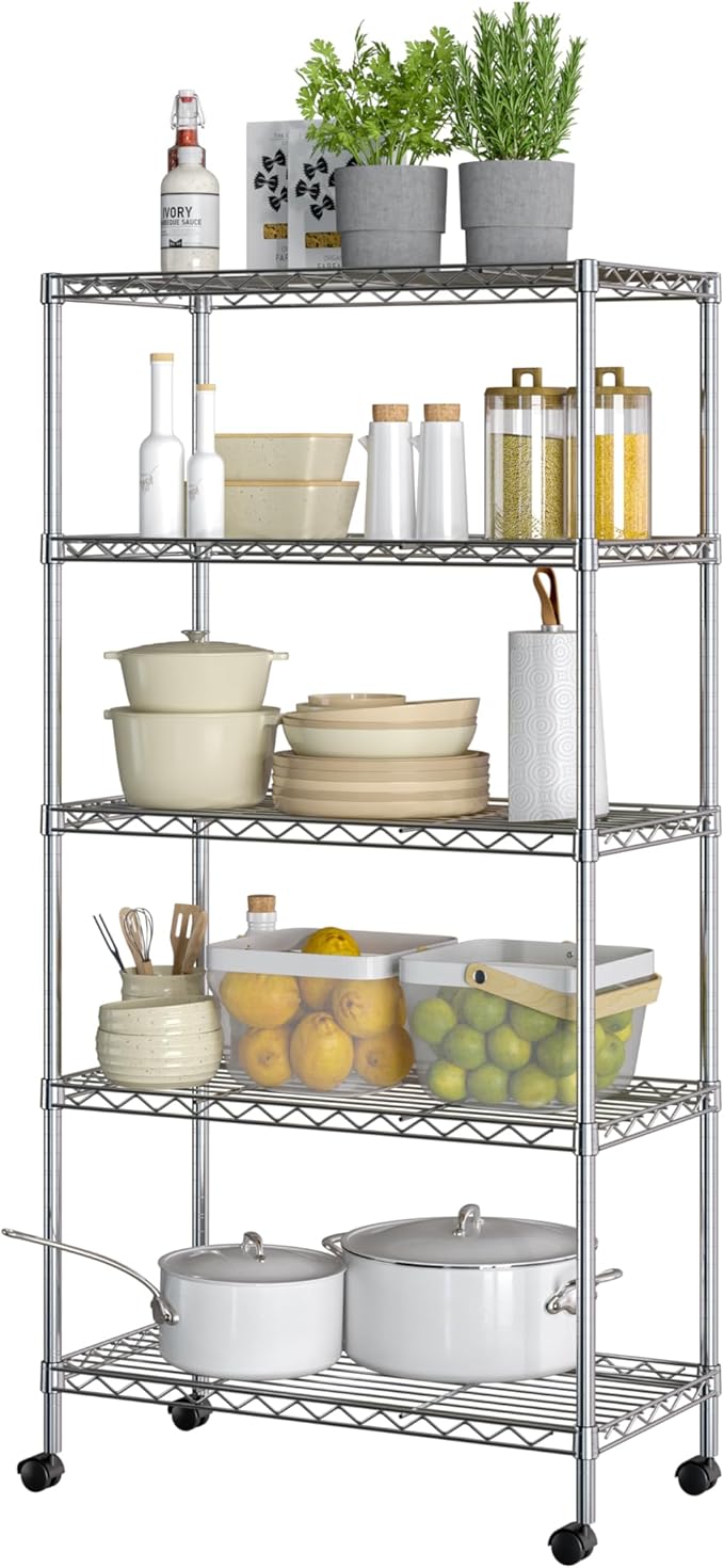 Seville Classics 5-Tier Wire Shelving with Wheels, 5-Tier, 30"" W x 14"" D (NEW MODEL), Chrome Plating, Plated Steel