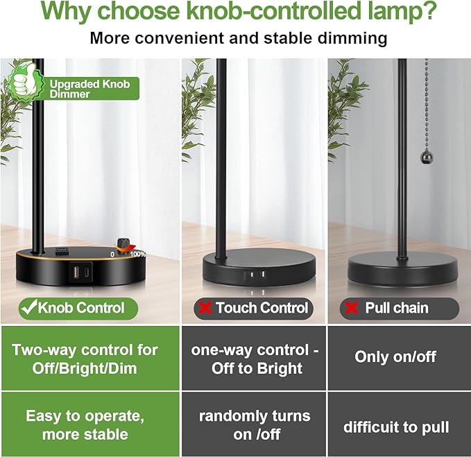 Set of 2 Black and Gold Industrial Table Lamps with USB Port, Fully Stepless Dimmable Bedside Lamps for bedrooms, Nightstand Desk Lamps with Clear Glass Shade for Reading Office 2 LED Bulb Included