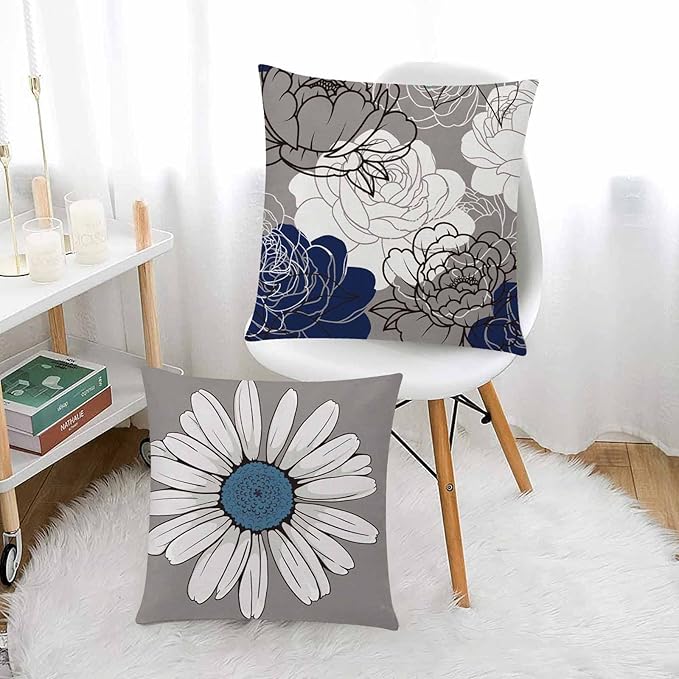 COMMINY Blue Grey Pillow Covers 20x20 Set of 6 Decorative Daisy Flower Throw Pillow Cover for Couch Modern Farmhouse Cushion Cover for Living Room Bed Patio Home Decor