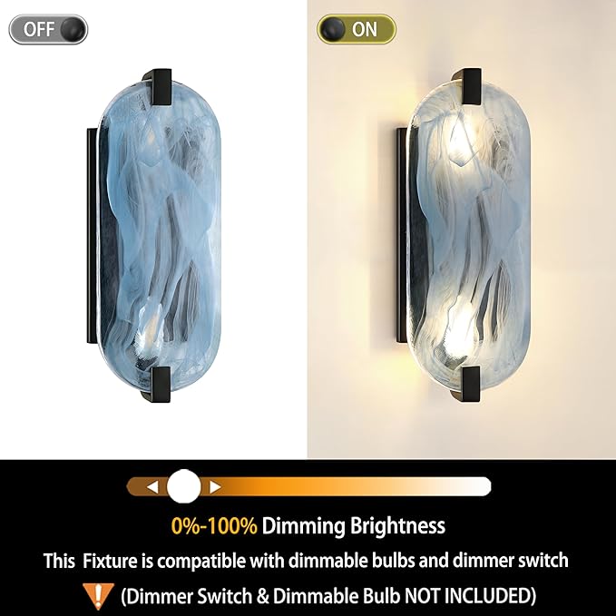 2 Pack 2 Light Oval Frosted Blue Glass Bathroom Wall Sconce Modern Concise Style Wall Light Fixture,Black Finish for Bedroom Hallway Bedside