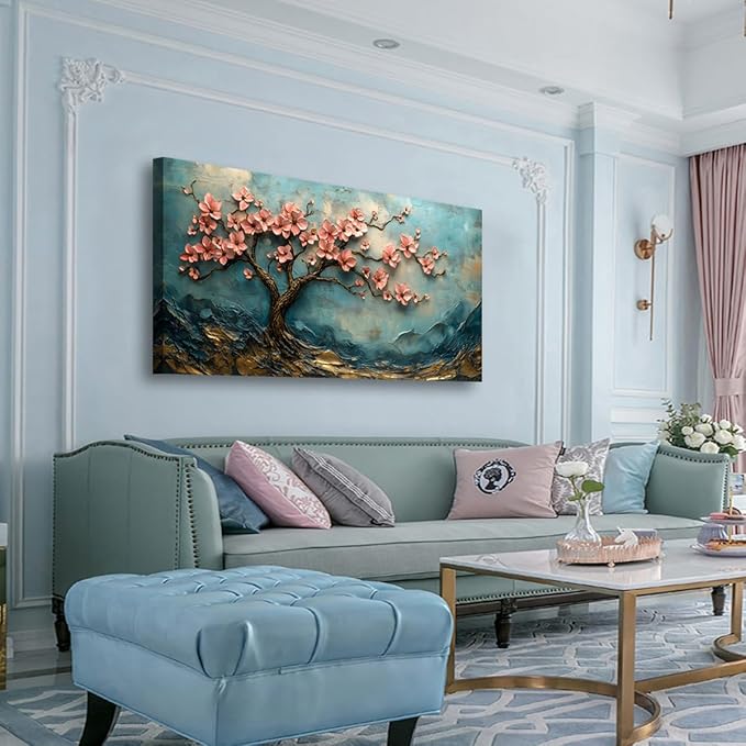 Tree of Life Pink Flowers and Golden Trees Pictures Canvas Wall Art for Living room Office Bedroom Teal Mountain Abstract Wall Decor Art Print Paintings Modern Plum Blossom Artwork -20x40inch