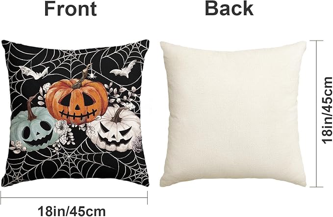 Baccessor Halloween Pillow Cover 18x18 Inch, Black Pumpkins Bats Spider Web Pillow Case Halloween Decor for Cushion Sofa Couch Indoor Outdoor Decoration 1 Piece