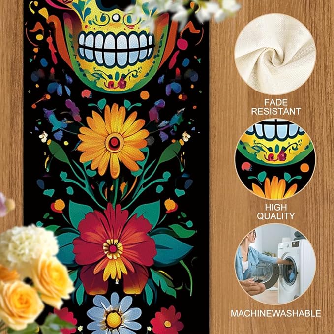 ANNA QUEEN Flowers Table Runner 13 x 72 Inch for Dining Table, Table Runner for Spring & Holiday Dining Decor Indoor Outdoor Party Home Table Decoration (Skull)