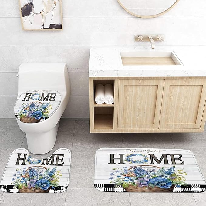 FZDHHY Blue Flower Shower Curtain Set Home Sweet Home Bathroom Sets Rustic Shower Curtain with Rugs,Bathroom Shower Curtain Set with Carpet Bath Mat Toilet Rugs