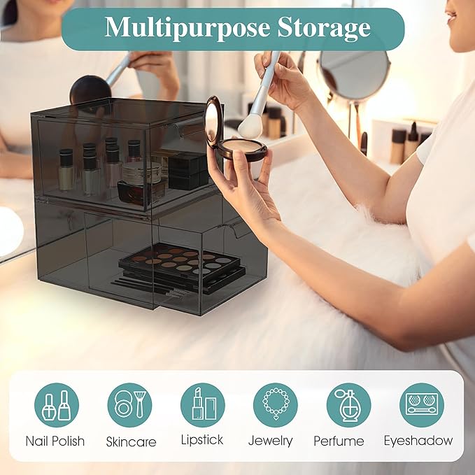 3 Pack Stackable Makeup Organizer and Storage, Acrylic Organizers,Clear Plastic Storage Drawer with Pull-Out Handles for Vanity, Undersink, Kitchen Cabinets, Pantry, Black