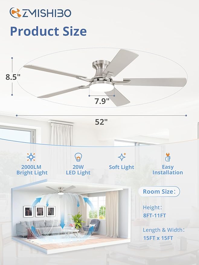 ZMISHIBO 52 Inch Ceiling Fan with Light, App&Remote Control, Flush Mount Low Profile, Dimmable 20W LED Light, Quiet Reversible Motor for Bedroom, Living Room, Apartment, Nickel