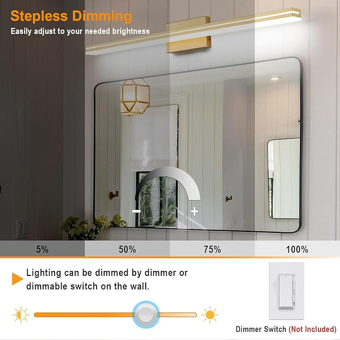 SineRise LED Modern Bathroom Vanity Light Fixtures (40-Inch, 3000K/4000K/6000K, Dimmable), Gold Modern Acrylic Bathroom Wall Lighting Fixtures Over Mirror