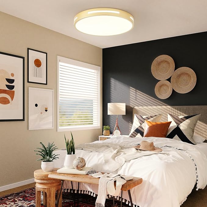 Gold LED Flush Mount Light Fixture - 15 inch, 36W Set of 2, Dimmable Kitchen Lighting, Modern Ceiling Mount for Bedroom, Bathroom, Living Room