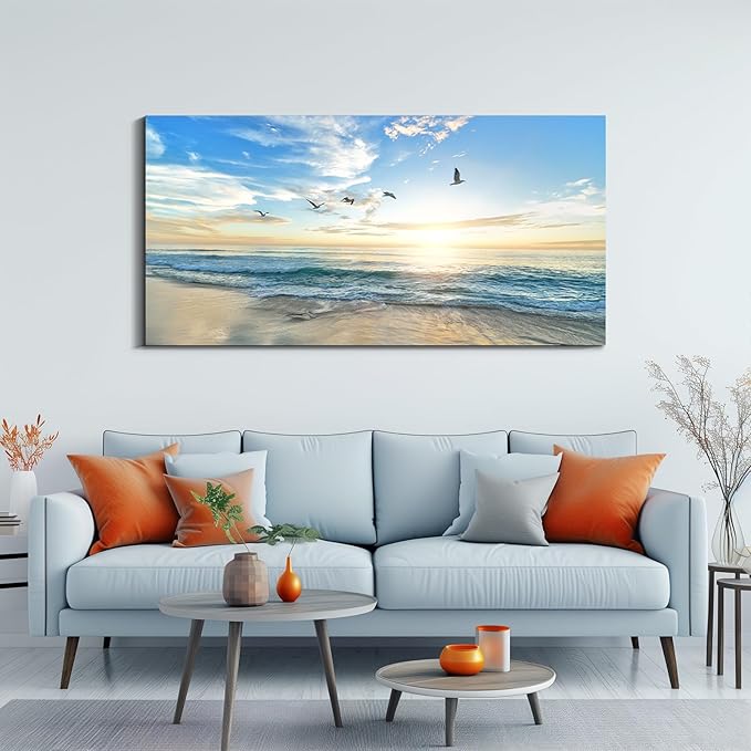 Dimpoli Beach Ocean Canvas Wall Art, Ocean Seagull Birds Blue Natural Scene Artwork Decorations for Home Living Room Decor 48x24 Inches