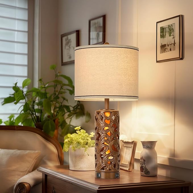 AIDENOEY 27.5" H 3-Way Dimmable Touch Control Table Lamp with USB A+C Ports, Vintage Walnut Finish Resin Bedside Farmhouse Table Lamp Set of 2,for Living Room,Bedroom,Office