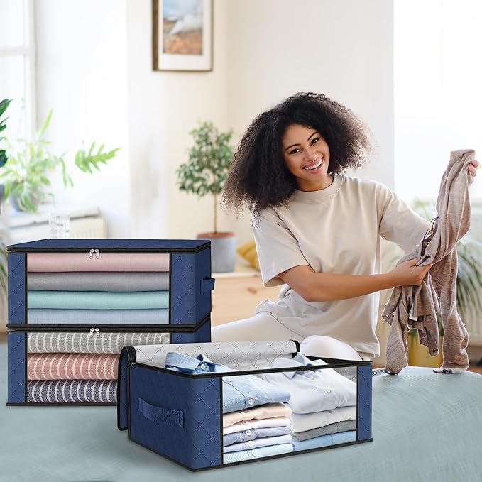 HomeHacks Storage 8-Pack Clothes Organizer Storage Bags Foldable Storage Box with Large Clear Window Sturdy Handles for Closet, Dorm, Pillows, Bedding, Clothes, Blankets, 35L, Blue