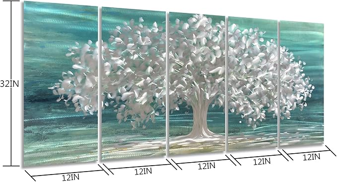 Yihui Arts Tree Of Life Metal Wall Art Handcrafted Aluminum Artwork Teal and Silver Abstract Nature Pictures in 5 Pieces for Living Room Bedroom Bathroom Decor