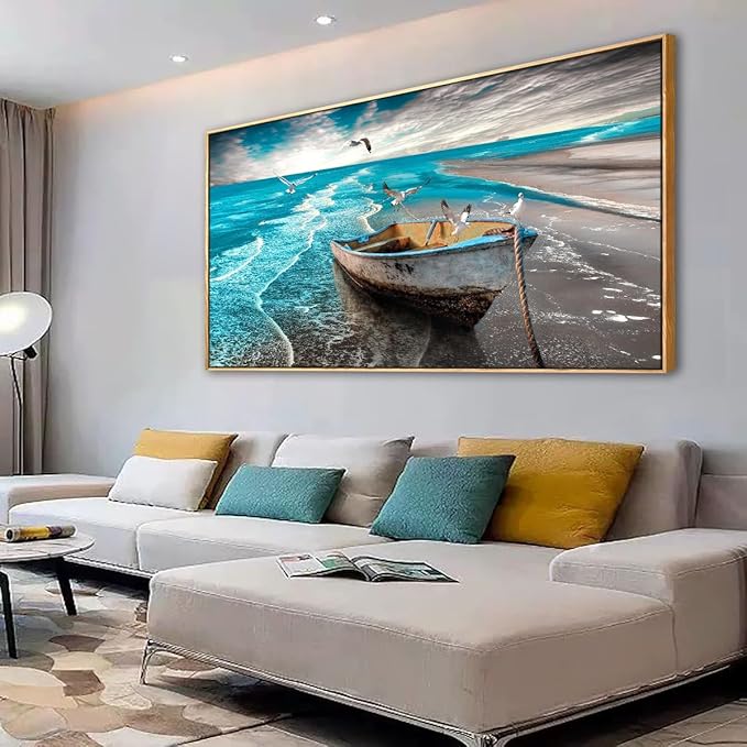 Ocean Canvas Wall Art Prints Waves Seascape Paintigns Boat Seagulls Beach Wall Decor for Living Room Bedroom Natural Scenery Artwork 20 * 40inch