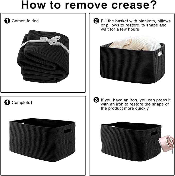 OIAHOMY 118L XXXLarge Cotton Rope Storage Basket, Oversized Blanket Basket, Used for Organizing Dirty Clothes in Living Room, Bedroom, Nursery, Dog Toy Storage Bins, 25" x 17" x 16",Black