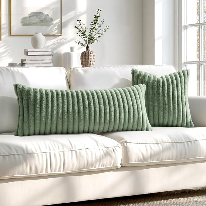 MIULEE Faux Fur Large Decorative Throw Pillow Covers 24x24 Inch Set of 2, Modern Spring Home Decor Soft Plush Couch Pillows Cozy Fluffy Cushion Covers for Sofa Bed Sage Green