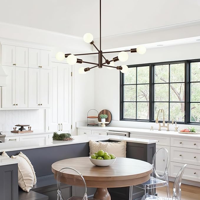 30" Modern Chandelier Ceiling Light Fixture, 8-Light Sputnik Chandeliers Brown and Gold Mid Century Chandelier Over Table, Height Adjustable Chandeliers for Dining Room Kitchen (Bulbs Not Included)