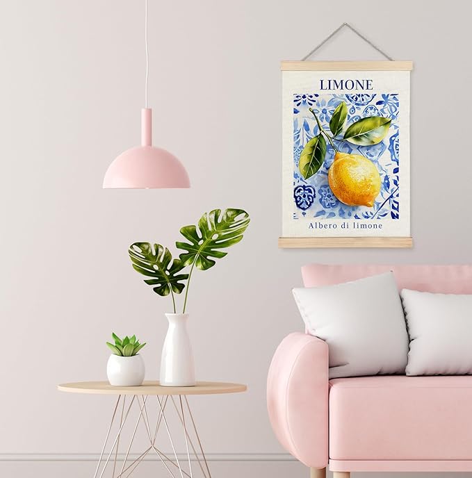Yomisex Italian Amalfi Coast Lemon Wall Art Poster, Lemon Kitchen Decor, Blue and White Mediterranean Tiles Limone Fruit Wall Art Framed for Kitchen Dining Room Home Decor, 12x16 Inch