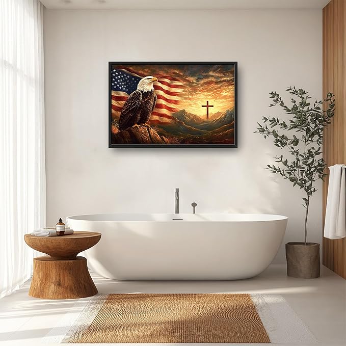 Framed Large Wall Art for Living Room, Bald Eagle American Flag Canvas Wall Decor, Large Christian Cross Picture Framed Painting, Modern Artwork for Bedroom Office 36L'' × 24W''